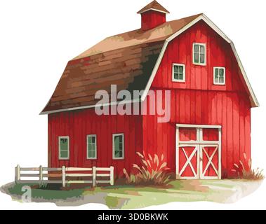 Illustrations vectorielles d'aquarelle d'une grange rouge Illustration de Vecteur