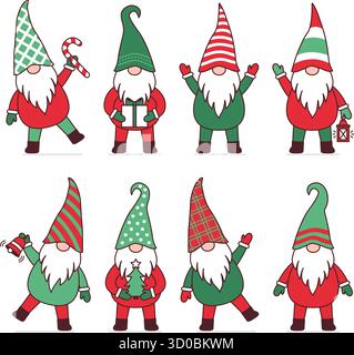 Ensemble de gnomes de Noël mignons dans différentes positions et tenant différents objets, isolés Illustration de Vecteur