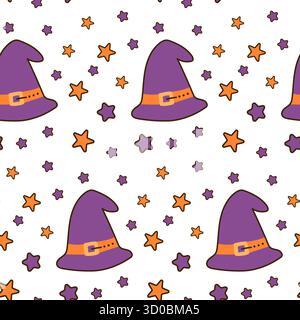 Modèle sans couture avec chapeau de sorcière violet. Motif sans couture d'Halloween. Illustration de Vecteur