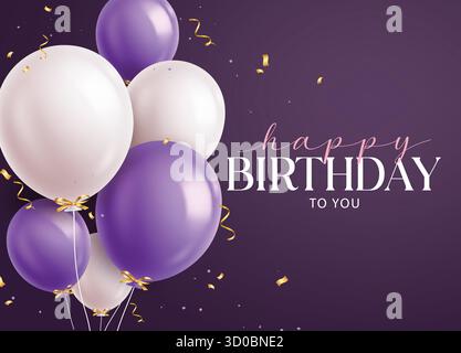 Conception clipart de carte de voeux d'anniversaire. Joyeux anniversaire texte clip art avec ballons de bouquet violet et blanc et élément de décoration de confettis or Illustration de Vecteur