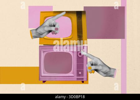 Croquis image illustration tendance collage de mains humaines coup d'œil écran de boîte de télévision fausse nouvelle propagande mégaphone Hammer fix diffusion Banque D'Images