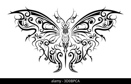 Papillon gothique, cybersigilisme très détaillé illustration de papillon combinant influences néo-tribales et futuristes. Bon pour les tatouages, l'art sombre Illustration de Vecteur