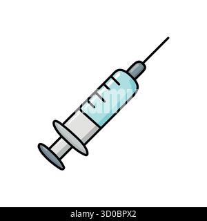 Illustration de doodle dessinée à la main d'une seringue dans le style vectoriel plat. Design épuré et minimal idéal pour les soins de santé, la vaccination, la science ou l'éducation Illustration de Vecteur