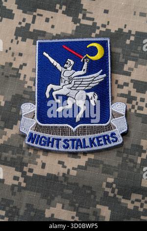 Gros plan de l'unité, patch des harceleurs de nuit et régiment d'aviation d'élite soutenant les forces spéciales dans le monde entier, 2025, États-Unis Banque D'Images