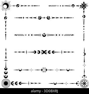 Frontières célestes et coins avec étoiles magiques et lune. Ornements de ligne avec des éléments vectoriels mystiques. Symboles élégants de l'astrologie. Motif simple Illustration de Vecteur