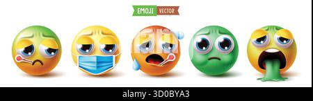 Emoji Fever personnage clipart jeu d'émoticônes. Sick Emojis clip art avec rhume, maux de tête, nausées, vomissements, malaise et grippe emoji symbole Mood off collection Illustration de Vecteur
