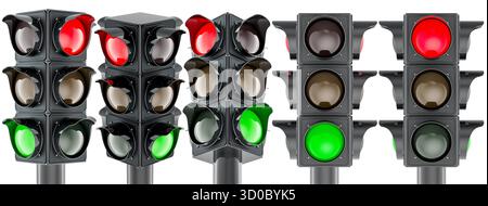 Feux de circulation, feux verts et rouges. Rendu 3D isolé sur fond blanc Banque D'Images