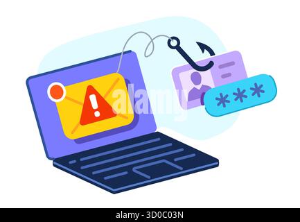 Escroquerie de phishing et attaque de pirates informatiques. Fraude sur Internet, cybercriminalité. Un cybercriminel vole des données privées. Concept de sécurité Web Illustration de Vecteur