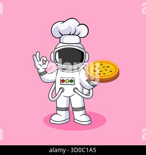 Chef astronaute servant une délicieuse pizza dans l'espace illustration vectorielle dessin animé Illustration de Vecteur