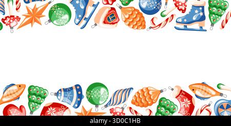 Frontière avec des jouets d'arbre de Noël canne à bonbons, étoile, pomme de pin, arbre, patin et stockage dans le style de bande dessinée. Design pour papier peint de magasin festif. Illustration de Vecteur