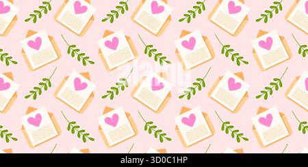 Modèle sans couture avec carte de voeux coeur rose, feuille verte et enveloppe pour la conception de papeterie romantique valentine dans un style plat. Illustration de Vecteur