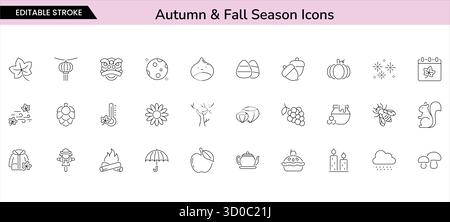 Icône de saison d'automne et d'automne avec feuilles, citrouille, thé et pluie dans un style de contour Illustration de Vecteur