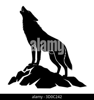 Silhouette de loup hurlant debout sur pic rocheux sur fond blanc. Illustration de Vecteur