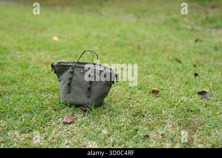 Un sac à main vert repose sur l'herbe. Le sac à main est petit et a une sangle. L'herbe est verte et le sol est couvert de feuilles Banque D'Images