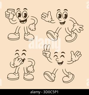 Quatre personnages de dessins animés avec des visages et des membres expressifs, chacun dans des poses différentes tenant un verre, agitant, riant et faisant un signe de paix. Li. Simple Illustration de Vecteur