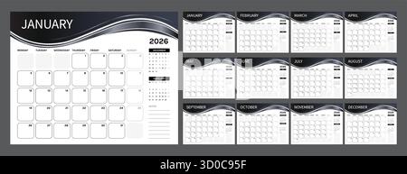 Calendrier 2026 dans un élégant style noir de luxe pour chaque mois Illustration de Vecteur