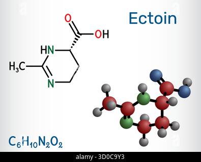 Molécule d'ectoïne. Osmoprotecteur d'extémolyte pour l'hydratation des soins de la peau, la barrière et la protection UV, spray nasal et oculaire apaisant dans le soin des allergies. Vecteur il Illustration de Vecteur