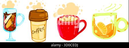 Illustration vectorielle de l'ensemble de boissons chaudes comprenant le vin chaud, le café, le cacao et le thé. Collection de boissons chaudes dessinées à la main isolée sur fond blanc Illustration de Vecteur