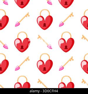 Modèle sans couture avec cadenas coeur rouge et clé dorée avec coeur rose symbolisant la romance d'amour et la connexion sur un fond blanc dans un style plat. Illustration de Vecteur