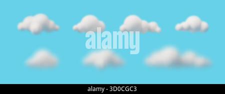 Nuages 3D pelucheux ensemble isolé sur fond blanc. Éléments de ciel de dessin animé doux avec des formes réalistes et mignonnes. Illustration vectorielle numérique pour la météo Illustration de Vecteur