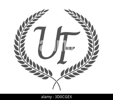 Lettre initiale U et F, logo monogramme UF avec couronne de laurier. Emblème de luxe avec police calligraphie. Illustration de Vecteur