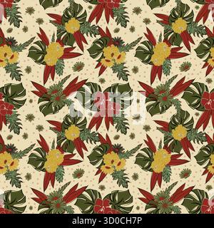 Motif floral festif de feuilles de palmier tropical, fond vectoriel sans couture de Noël ; papier d'emballage de Noël. Vecteur à pois stylisé floral dessiné à la main Illustration de Vecteur