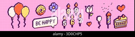 Éléments joyeux anniversaire de pixel 3d sur fond rose. Ballons colorés, beignet, fleurs, bougies festives avec des chiffres, un coeur, une popper de fête, et un morceau de gâteau. Illustration de Vecteur