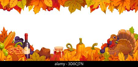 Cadre de bordure de fête de Thanksgiving rempli de feuilles d'automne rouges, oranges et jaunes. Bordure de vecteur décorée avec des citrouilles, dinde drôle, épis de maïs, glands, baies, poires et pommes pour Thanksgiving Illustration de Vecteur