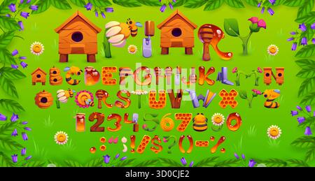 Lettres de police Honey Bee, typographie apicole apicole alphabet anglais. Symboles et numéros abc de vecteur de dessin animé avec des ruches d'abeille, du miel, des abeilles, des fleurs et des outils de jardin sur un fond de champ vert Illustration de Vecteur