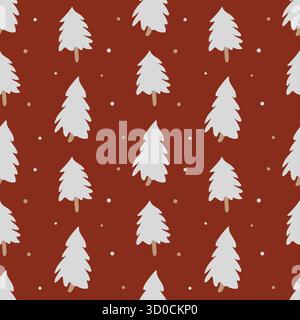 Un motif vectoriel simple sans couture avec des arbres de Noël blancs sur un fond rouge. Fond de Noël d'hiver. Une illustration plate simple pour le papier d'emballage, les textiles et la décoration d'hiver. Forêt de Scandi. Illustration de Vecteur