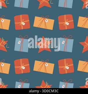 Boîtes-cadeaux multicolores, motif sans couture vectoriel. Fond avec des boîtes-cadeaux pour Noël, anniversaires et autres vacances. Illustration plate vectorielle pour le papier d'emballage et les textiles. Motif multicolore simple sur fond bleu. Illustration de Vecteur