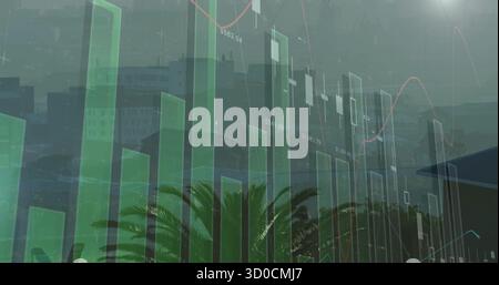 Carte superposée sur la ville brumeuse montrant des barres vertes, des chandeliers blancs, des lignes de tendance et des palmiers Banque D'Images