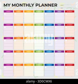 Modèle de planificateur mensuel coloré – mise en page imprimable de l'organisateur de calendrier - conception vectorielle Illustration de Vecteur