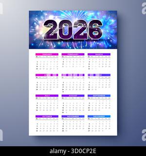 Modèle de conception de calendrier imprimable 2026 avec symbole de numéro 3d, feux d'artifice et typographie mensuelle annuelle entière sur fond blanc pour le nouvel an Illustration de Vecteur