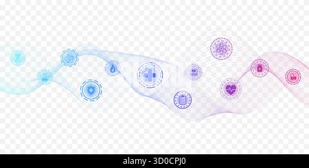 Modèle moderne de bannière de soins de santé avec des icônes plates. Concept d'innovation médicale pour en-tête, bannière web, site web, présentation. Illustration vectorielle Illustration de Vecteur