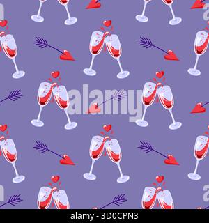 Modèle sans couture avec verre à vin, cœur rouge et flèche sur un fond violet symbolisant la romance d'amour et la célébration. Parfait pour la saint-valentin et Illustration de Vecteur