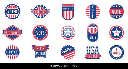 Badge de vote américain. Autocollants élections USA avec texte voté, vote, j'ai voté, démocratie élections et bulletin de vote. Ensemble de boutons patriotiques vectoriels. Illustration de Vecteur