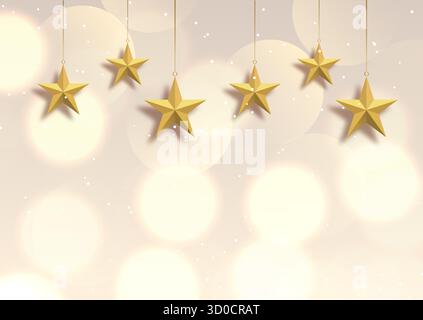 Fond de Noël avec des lumières bokeh et des étoiles dorées suspendues Illustration de Vecteur