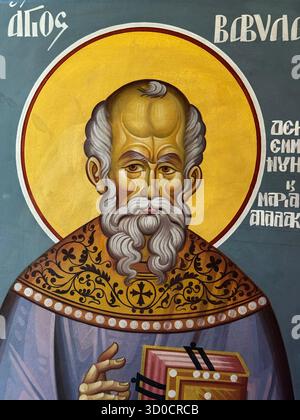 Peinture d'un saint dans l'église orthodoxe grecque de la Sainte trinité à Agios Nikolaos sur la mer Méditerranée - Crète, Grèce Banque D'Images