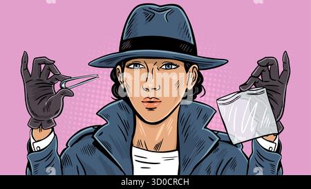 Illustration vectorielle pop art d'un personnage détective féminin tenant des pinces et un sac de preuves en plastique. Femme en trench-coat, chapeau Fedora et gants, Illustration de Vecteur