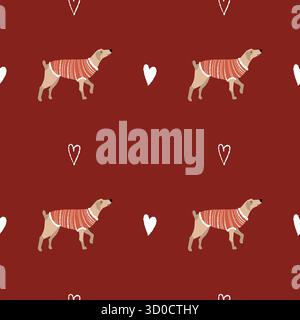 Modèle sans couture avec des chiens dans des pulls et des coeurs. Fond avec des animaux de compagnie dans des vêtements. Joli motif d'hiver de Noël. Illustration plate vectorielle sur un fond rouge. Illustration de Vecteur