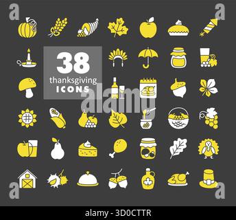 Un ensemble vectoriel complet de 38 sur des icônes de fond sombre liées à Thanksgiving, l'automne et la récolte. Inclut la nourriture, la nature et les symboles festifs pour Illustration de Vecteur