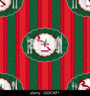 Motif sans couture traditionnel avec assiettes de Noël, servi avec des décorations festives. Illustration vectorielle mignonne dans un style texturé Illustration de Vecteur