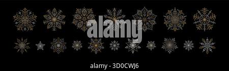 Ensemble de flocons de neige d'or et d'argent esthétiques de luxe. Flocons de neige de lae en filigrane victorien dessinés à la main. Joyeux Noël et joyeux nouvel an ornement festif Illustration de Vecteur