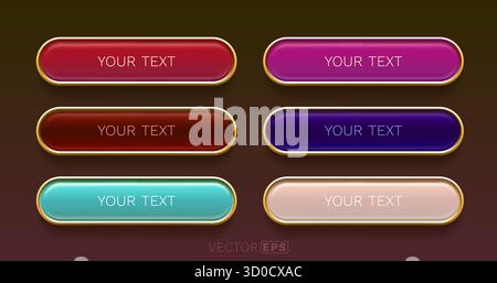 Boutons 3D brillants avec bordure dorée et texte Placeholder, une collection vibrante d'éléments Web pour divers designs. Illustration vectorielle Illustration de Vecteur