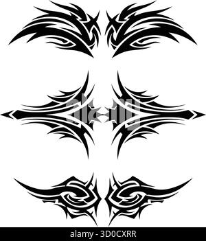 Tribal Tattoo Set – motifs de flamme symétrique noire avec ailes, étoile et tourbillons Illustration de Vecteur
