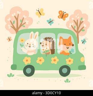 Animaux de dessins animés mignons voyageant dans une voiture verte avec des fleurs et des papillons à travers une forêt de printemps, illustration pour un livre pour enfants. Illustration de Vecteur