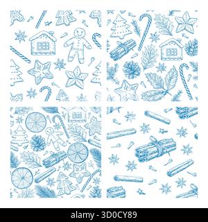 Collection de motifs sans couture avec des éléments de Noël et du nouvel an, des biscuits, des bonbons, des branches de pin et des épices. Illustration dessinée à la main en t vintage Illustration de Vecteur