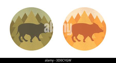 Emblèmes ronds avec une silhouette de sanglier sauvage sur fond de forêt. Cochon sauvage. Animal forestier. Illustration vectorielle Illustration de Vecteur