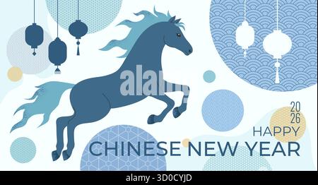 Bannière du nouvel an chinois 2026 décorée de motifs asiatiques et de lanternes festives. Année du cheval fond. Illustration vectorielle Illustration de Vecteur